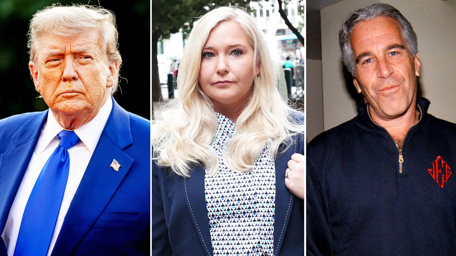 A photo composite of Donald Trump, Virginia Giuffre, and Jeffrey Epstein.