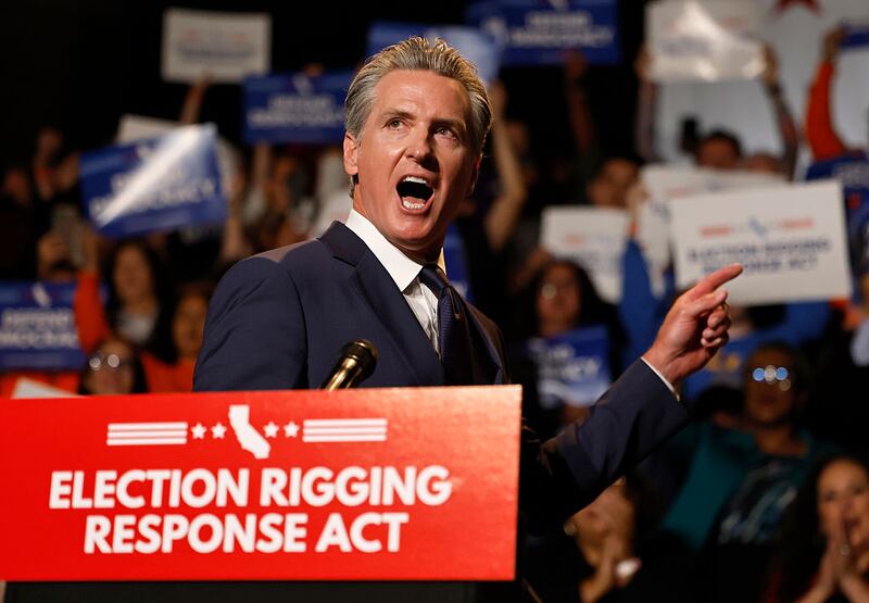 California Governor Gavin Newsom speaks about the “Election Rigging Response Act” at a press conference at the Democracy Center, Japanese American National Museum on August 14, 2025 in Los Angeles, California. Newsom spoke about a possible California referendum on redistricting to counter the legislative effort to add five Republican House seats in the state of Texas.
