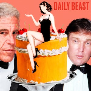 Jeffrey Epstein, Donald Trump and a cake with a girl on top.