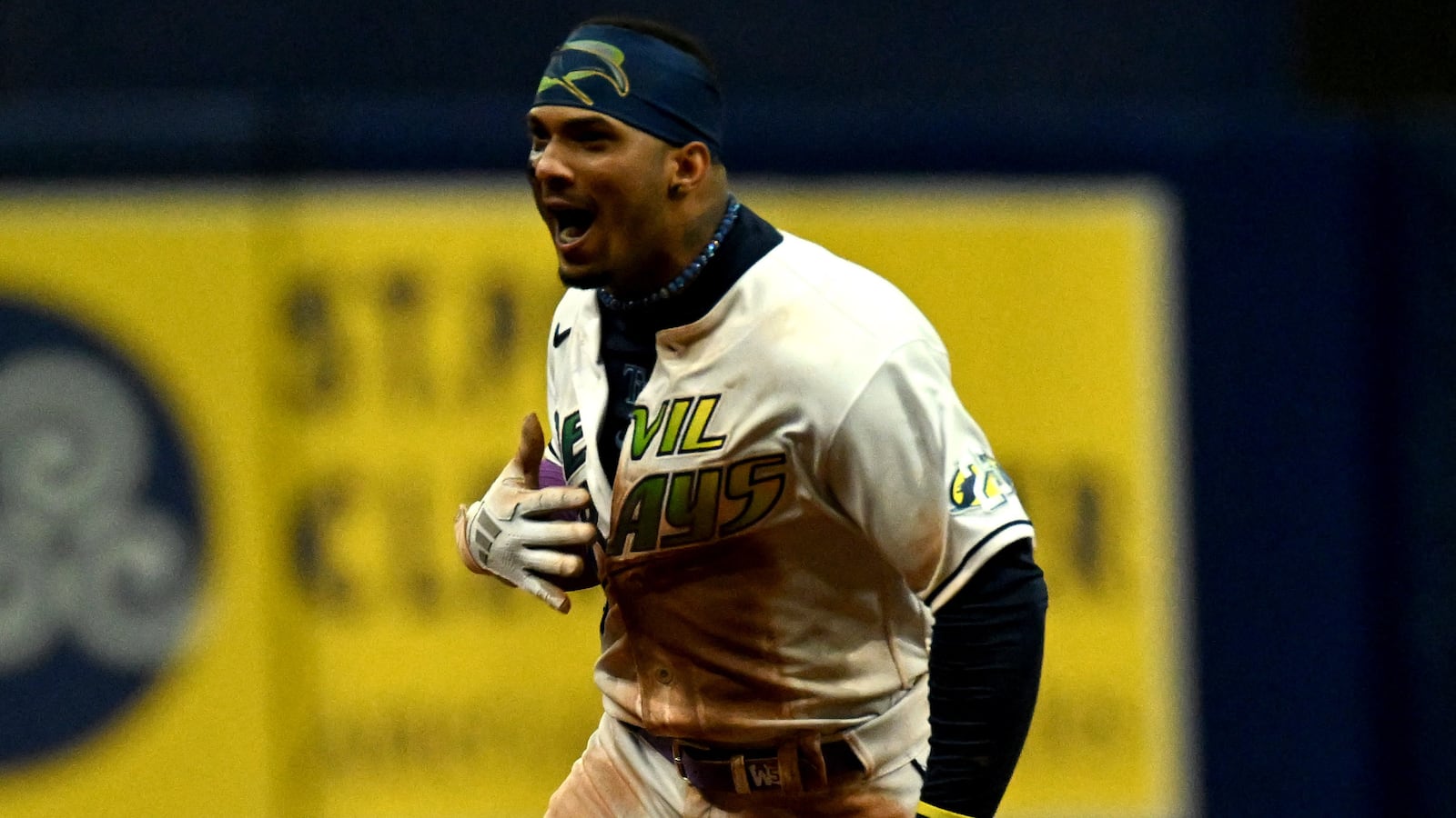 Tampa Bay Rays shortstop Wander Franco reacts after hitting a walkoff home run in the ninth inning against the Cleveland Guardians at Tropicana Field on Aug. 11, 2023.