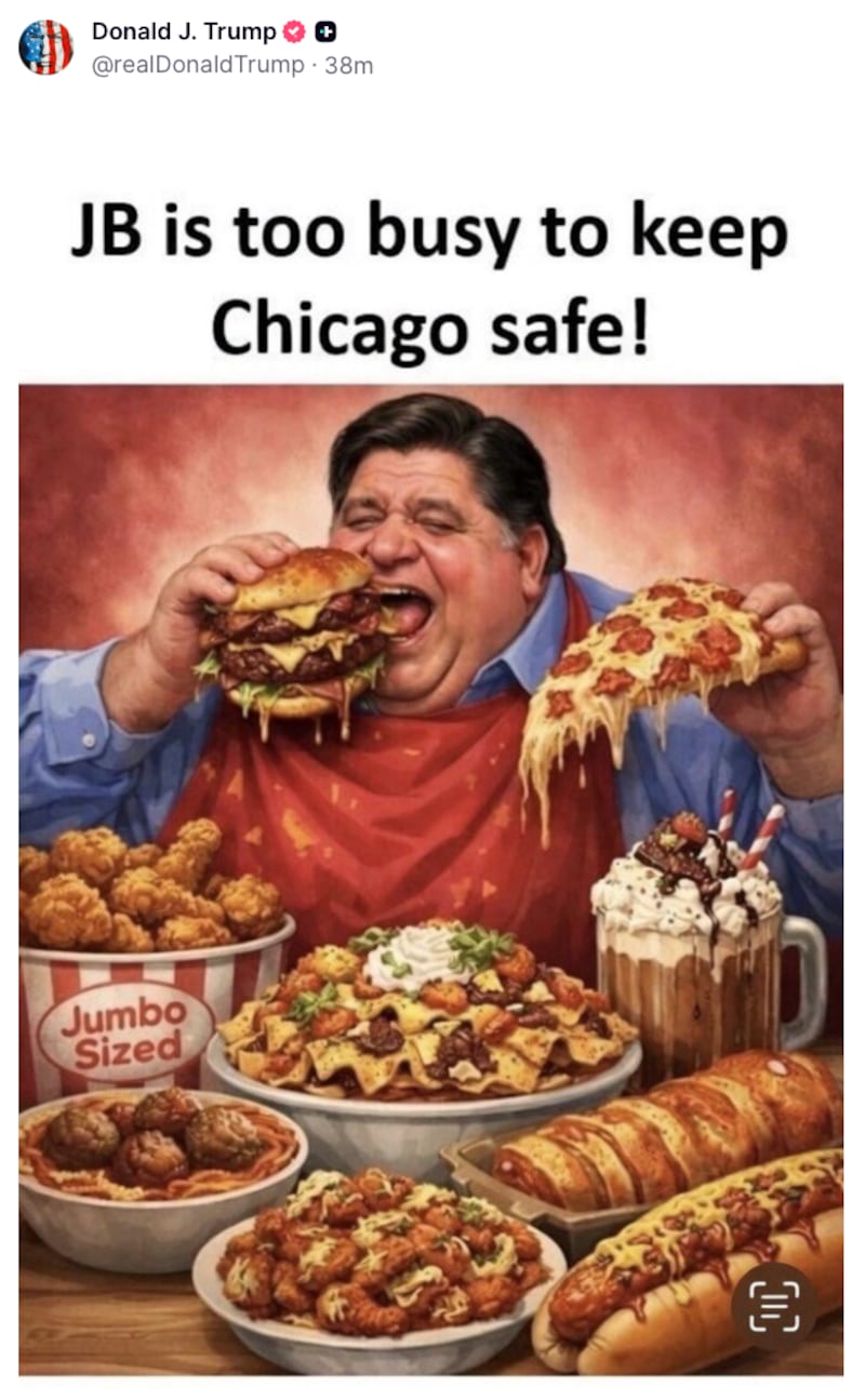 A cartoonish AI depiction of Illinois Gov. JB Pritzker surrounded by burgers, pizza, fried chicken, nachos, milkshakes, and hot dogs beneath the caption: “JB is too busy to keep Chicago safe!”