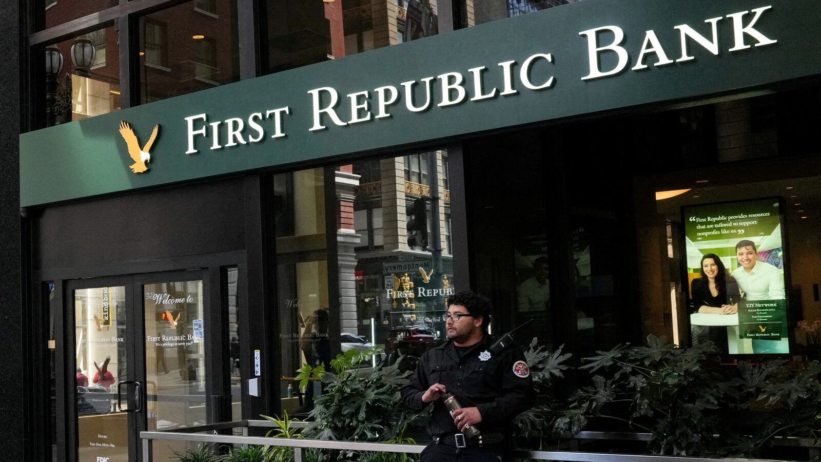 A security guard stands outside a First Republic Bank branch in San Francisco, California, April 28, 2023.