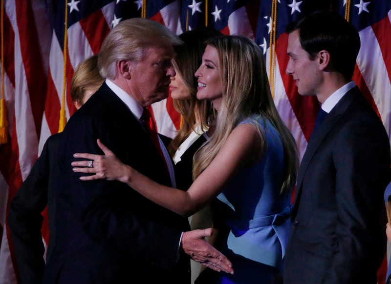 U.S. President-elect Donald Trump greets his daughter Ivanka and son in law Jared Kushner (R) at his election night rally in Manhattan, New York, U.S., November 9, 2016.