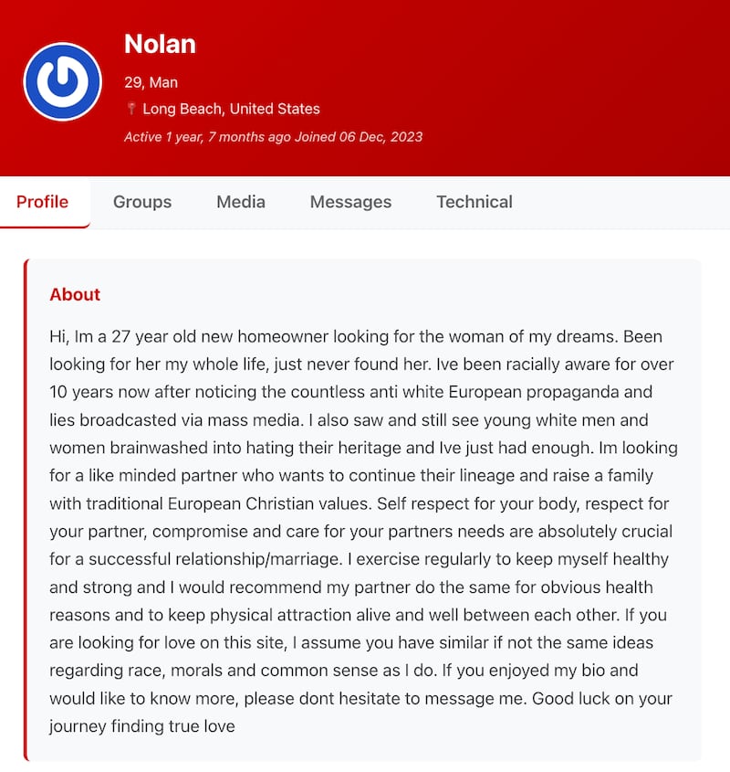 A profile of one of the many American far-right would-be daters.