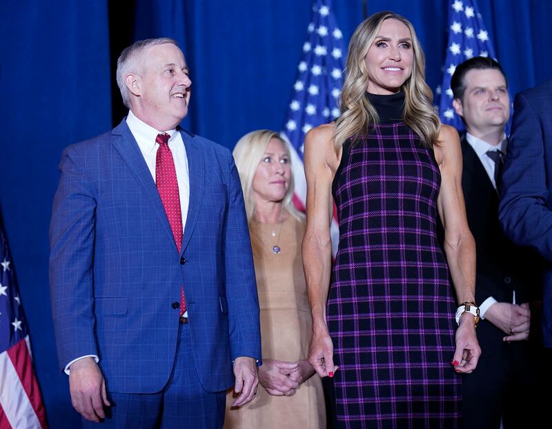 (L-R) Michael Whatley, Marjorie Taylor Greene, Lara Trump, and Matt Gaetz