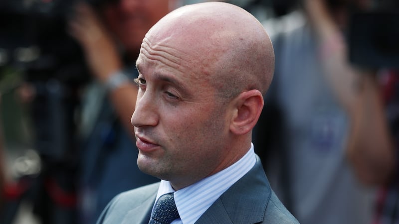 Deputy White House Chief of Staff Stephen Miller speaks to reporters outside of the White House on October 06, 2025 in Washington, DC.