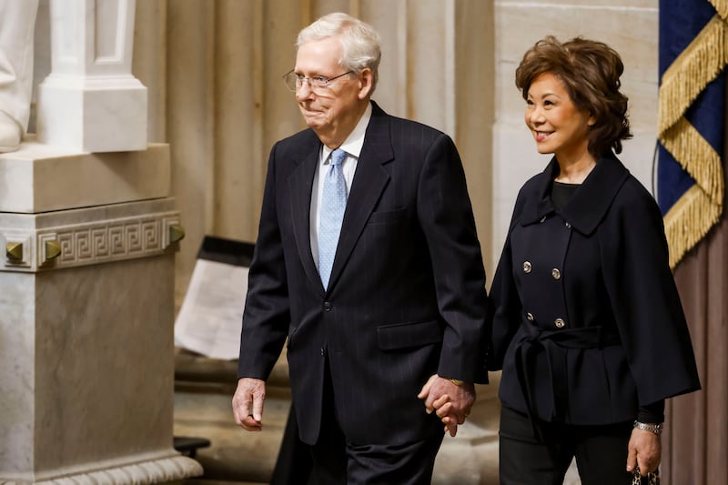 WASHINGTON, DC - JANUARY 20: U.S. Sen. Mitch McConnell (R-KY) arrives with his wife, former U.S. Secretary of Transportation Elaine Chao to the inauguration of U.S. President-elect Donald Trump in the Rotunda of the U.S. Capitol on January 20, 2025 in Washington, DC. Donald Trump takes office for his second term as the 47th president of the United States. (Photo by Shawn Thew-Pool/Getty Images)