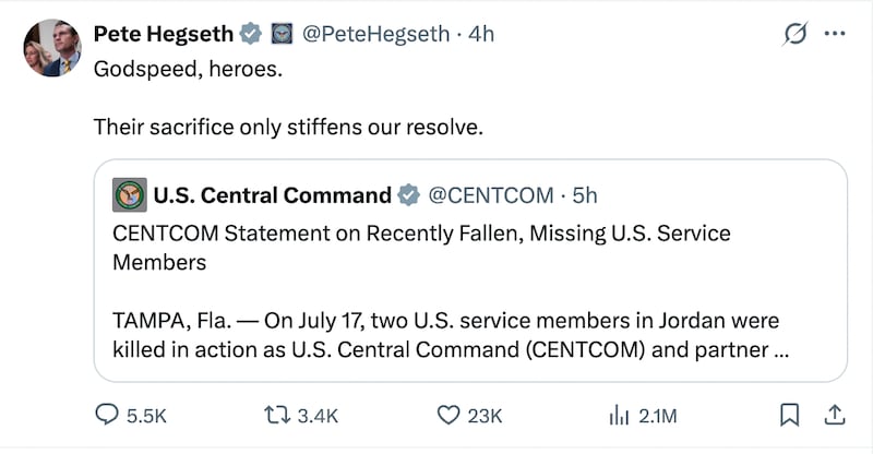 Pete Hegseth on the deaths of two American soldiers.