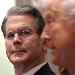 WASHINGTON, DC - DECEMBER 08: U.S. Treasury Secretary Scott Bessent looks on as U.S. President Donald Trump delivers remarks during a roundtable discussion with farmers in the Cabinet Room of the White House on December 08, 2025 in Washington, DC. President Trump is expected to announce a $12 billion farm aid package, which includes one-time payments to those affected by the administration’s trade policies. (Photo by Alex Wong/Getty Images)