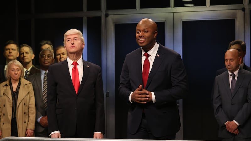 SATURDAY NIGHT LIVE -- Episode 1864 -- Pictured: (l-r) James Austin Johnson as Donald Trump and Devon Walker as Senator Tim Scott during the "Summer of Trump" Cold Open on Saturday, May 18, 2024 --