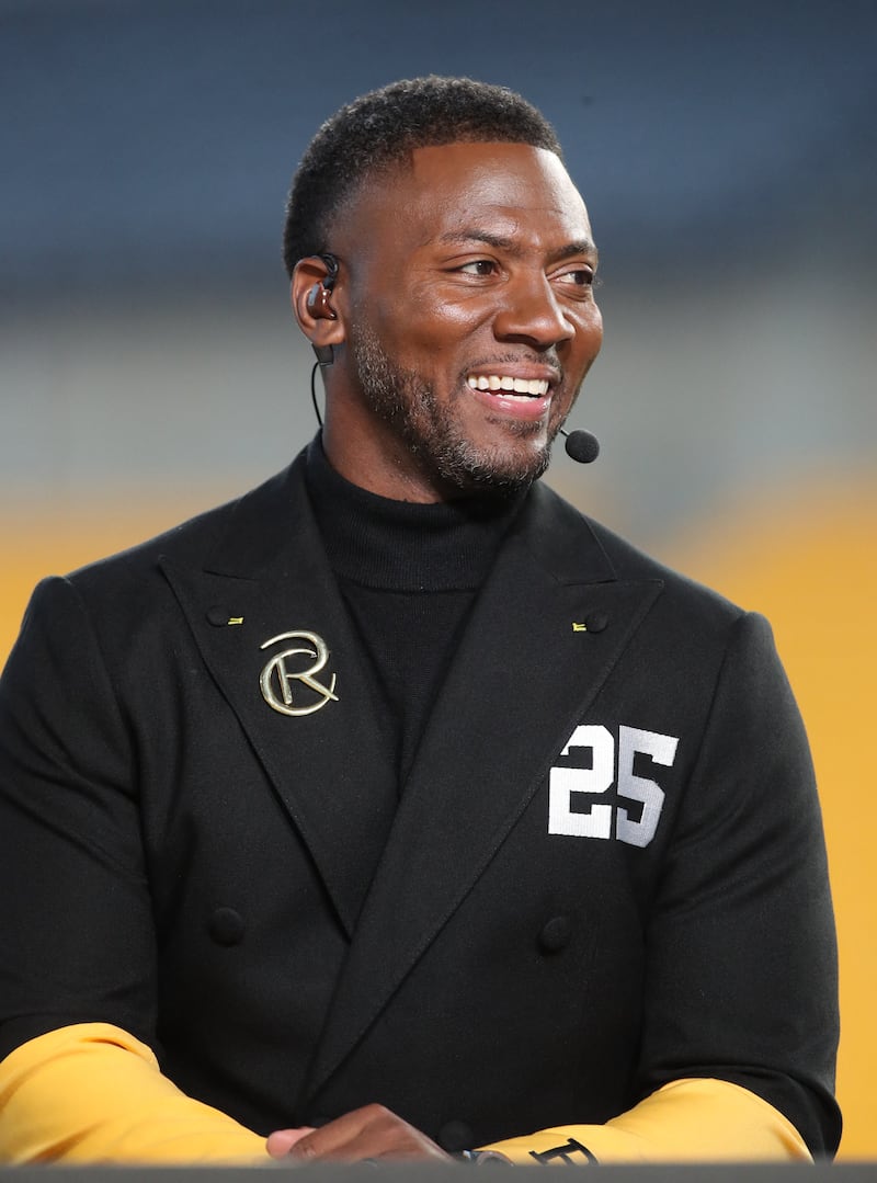 Oct 28, 2024; Pittsburgh, Pennsylvania, USA;  ESPN Network Monday Night Football host Ryan Clark performs the pre-game broadcast before the Pittsburgh Steelers host the New York Giants at Acrisure Stadium. Mandatory Credit: Charles LeClaire-Imagn Images