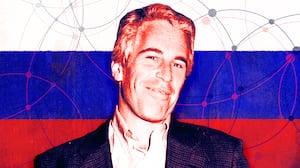 A photo illustration of Jeffrey Epstein in front of a Russian flag.