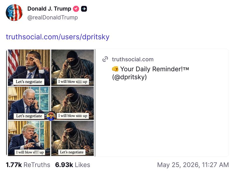 Donald Trump posts an Iran meme on TruthSocial on May 25, 2026.