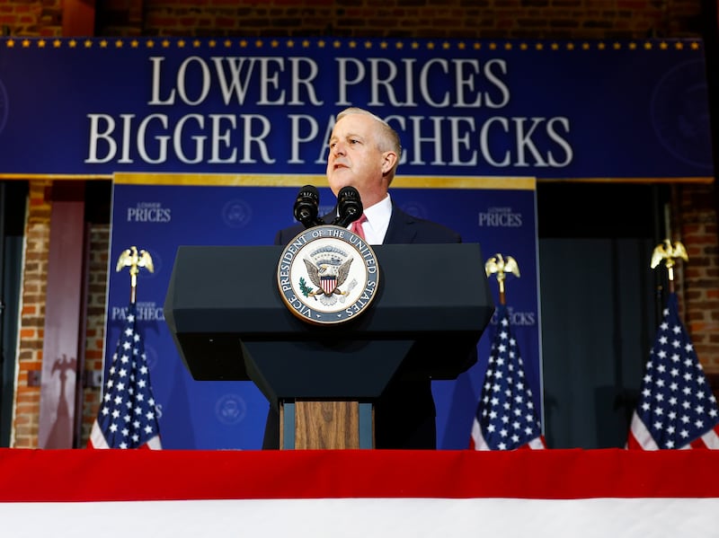 ROCKY MOUNT, NORTH CAROLINA - MARCH 13: North Carolina U.S. Senate candidate, former Republican National Committee Chairman Michael Whatley speaks during an event with U.S. Vice President JD Vance at The Power House on March 13, 2026 in Rocky Mount, North Carolina. Vance traveled to North Carolina to deliver remarks on the Trump administration's economic agenda. (Photo by Kent Nishimura/Getty Images)