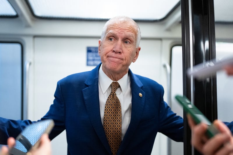 UNITED STATES - DECEMBER 18: Sen. Thom Tillis, R-N.C., speaks to reporters after a vote in the U.S. Capitol on Thursday, December 18, 2025. (Bill Clark/CQ-Roll Call, Inc via Getty Images)