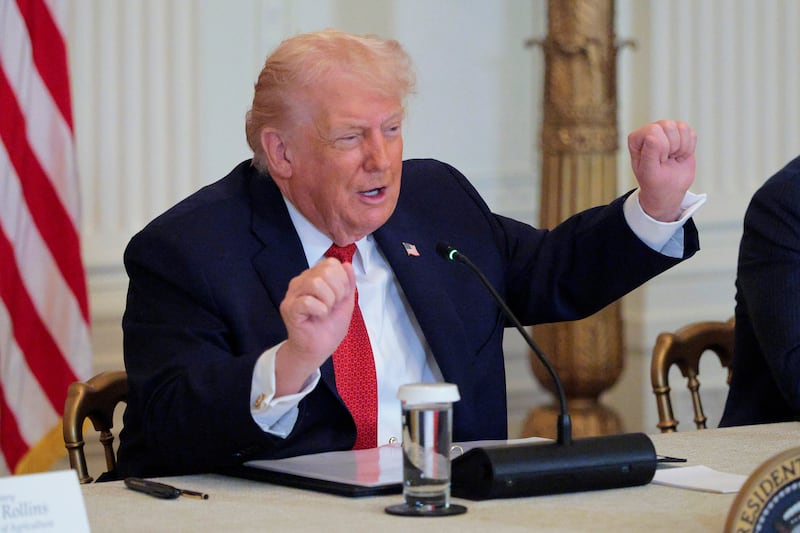 President Donald Trump gestures as he speaks during a "Great, Historic Investment in Rural Health Roundtable" in the East Room of the White House on January 16, 2026 in Washington, DC.