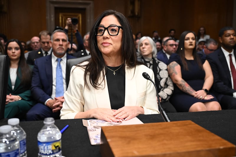 Lori Chavez-DeRemer arrives at a US Senate Health, Education, Labor, and Pensions hearing on her nomination to be Secretary of Labor. Her husband, Dr. Shawn Deremer sits behind her.