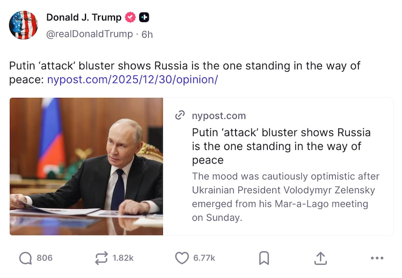 Donald Trump shares an anti-Putin editorial on Truth Social.