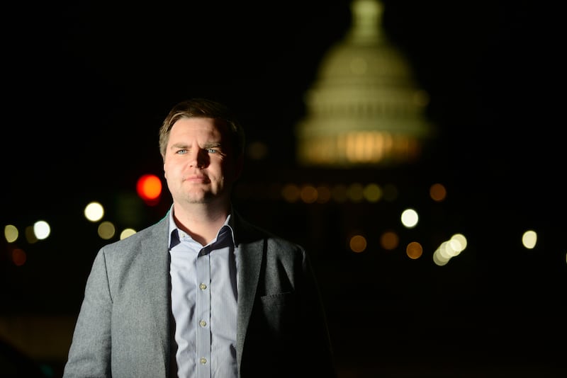 WASHINGTON, DC - JANUARY 27: J.D. Vance, author of the book "Hillbilly Elegy," poses for a portrait photograph near the US Capitol building in Washington, D.C., January 27, 2017. Vance has become the nation's go-to angry, white, rural translator. The book has sold almost half a million copies since late June. Vance, a product of rural Ohio, a former Marine and Yale School grad, has the nation's top-selling book. He's become a CNN commentator, in-demand speaker, and plans to move back to Ohio from SF where he's worked as a principal in an investment firm. (Photo by Astrid Riecken For The Washington Post via Getty Images)