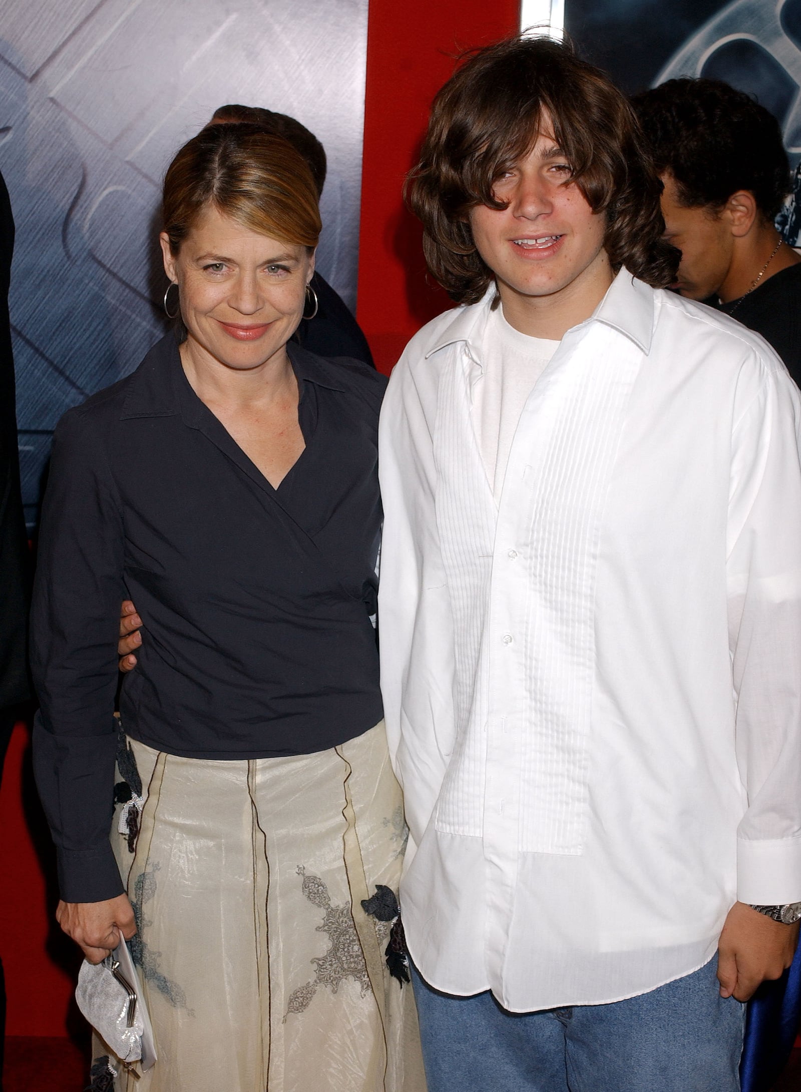 Linda Hamilton and son Dalton Abbott during "Hellboy" Los Angeles Premiere - Arrivals at Village Theatre in Westwood, California, United States.