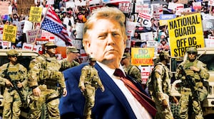 A photo illustration of Donald Trump, DC protesters and National Guard in DC.