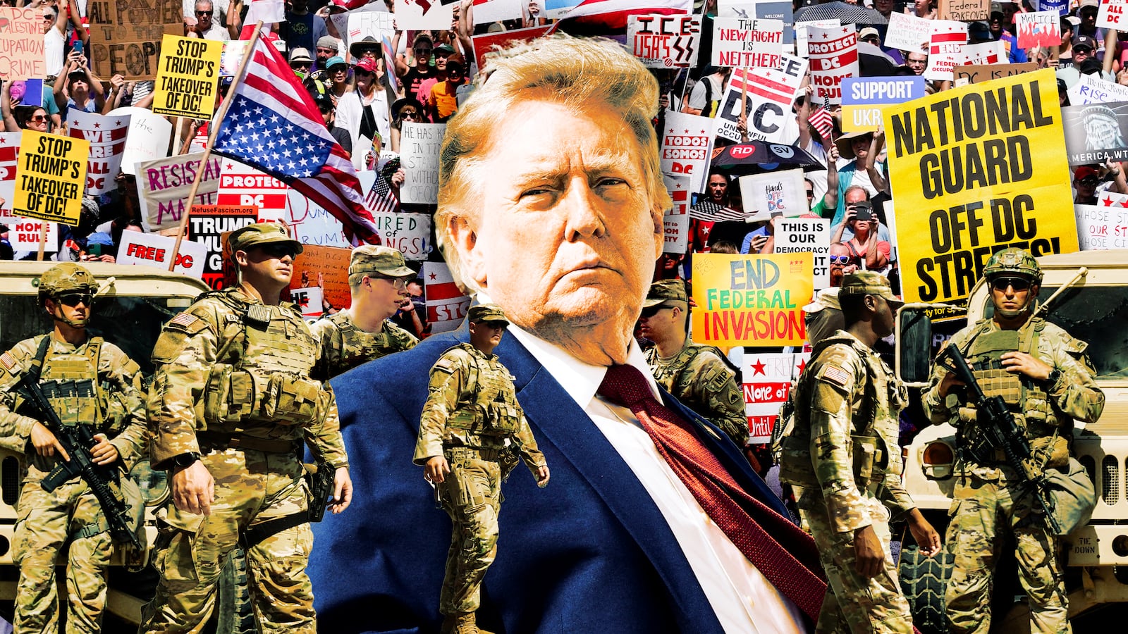 A photo illustration of Donald Trump, DC protesters and National Guard in DC.