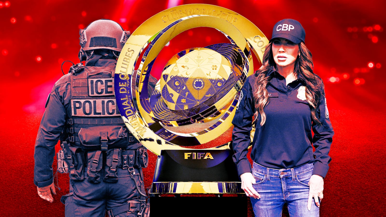 A photo illustration of Homeland Security Secretary Kristi Noem, the 2025 World Cup Trophy, and ICE agent, and a soccer stadium background.