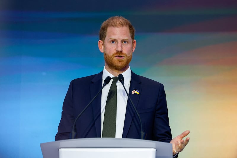 Britain's Prince Harry speaks at the Kyiv Security Forum, amid Russia's attack on Ukraine, in Kyiv on April 23, 2026.