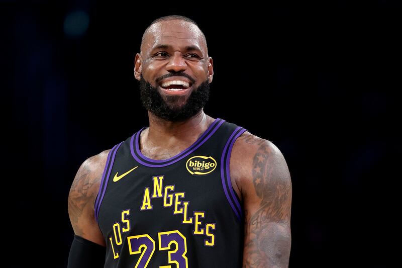 LOS ANGELES, CALIFORNIA - NOVEMBER 18: LeBron James #23 of the Los Angeles Lakers reacts against the Utah Jazz during the second quarter at Crypto.com Arena on November 18, 2025 in Los Angeles, California. NOTE TO USER: User expressly acknowledges and agrees that, by downloading and or using this photograph, User is consenting to the terms and conditions of the Getty Images License Agreement. (Photo by Ronald Martinez/Getty Images)