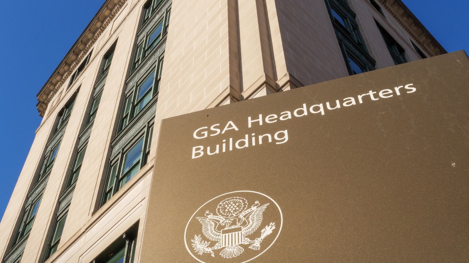 WASHINGTON, DC - JANUARY 29: A sign marks the location of the U.S. General Services Administration (GSA) headquarters building on January 29, 2025, in Washington, DC. (Photo by J. David Ake/Getty Images)