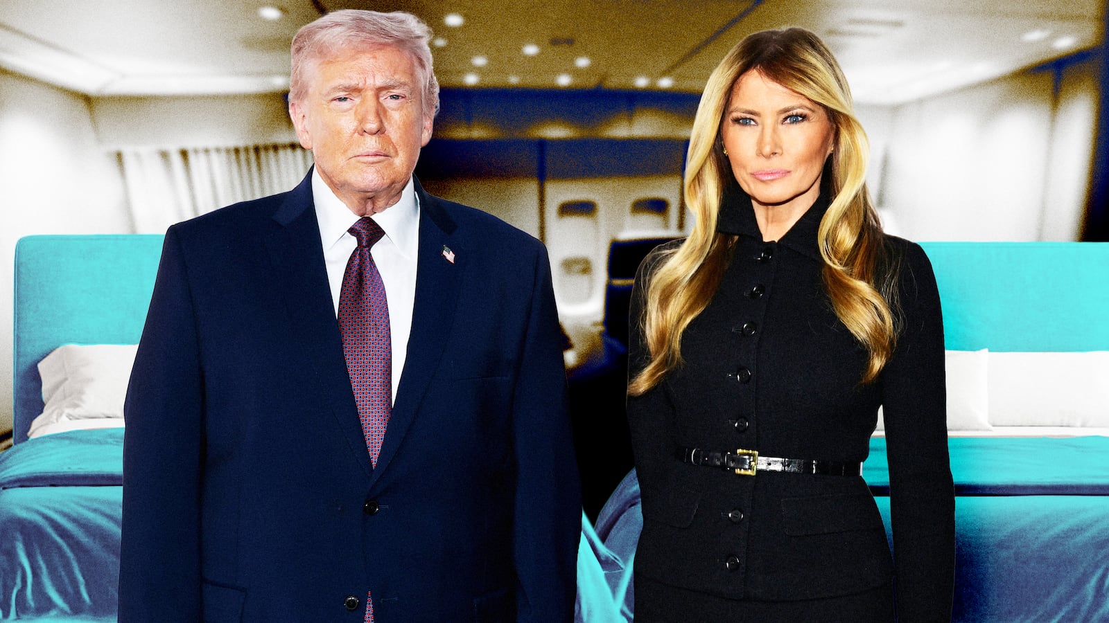 A photo illustration of Donald Trump and Melania Trump on an airplane bedroom.