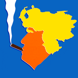 Donald Trump smoking a cigar with the shape of Venezuela as his hair