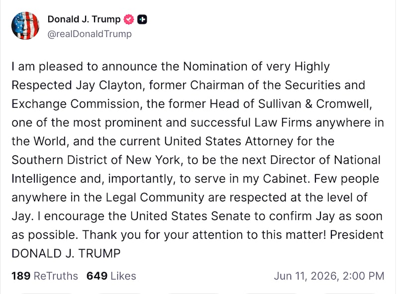 Trump names his nominee for Director of National Intelligence.
