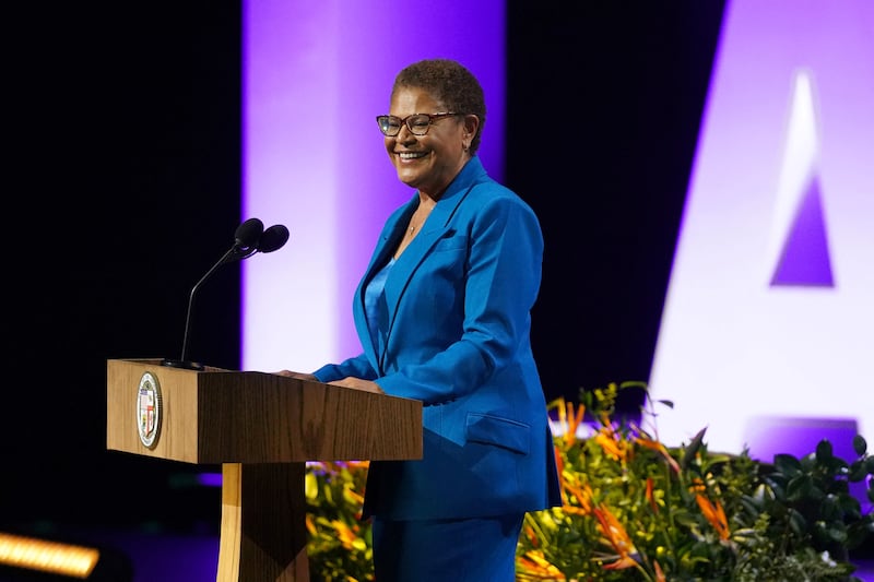 Mayor Karen Bass speaks during her swearing-in ceremony in Los Angeles, California, on December 11, 2022.