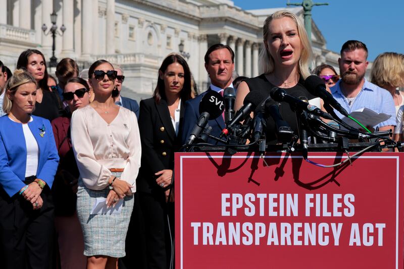 WASHINGTON, DC - SEPTEMBER 03: Survivor Anouska De Georgiou speaks during a news conference with alleged victims of disgraced financier and sex trafficker Jeffrey Epstein outside the U.S. Capitol on September 03, 2025 in Washington, DC. Massie and Khanna have introduced the Epstein List Transparency Act to force the federal government to release all unclassified records from the cases of Epstein and his associate, Ghislaine Maxwell. (Photo by Chip Somodevilla/Getty Images)