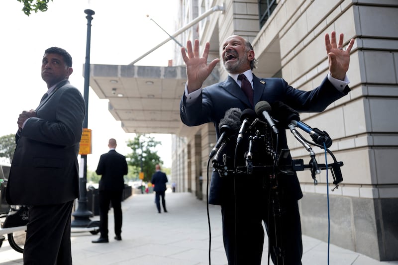 U.S. Secretary of Commerce Howard Lutnick speaks to the media outside the U.S. District Courthouse ahead of a hearing on a new legal challenge that seeks to block U.S. President Donald ‌Trump's name from being inscribed on the John F. Kennedy Center for the Performing Arts, in Washington, D.C., U.S., August 27, 2026. REUTERS/Evelyn Hockstein