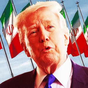 A photo illustration of Donald Trump and Iranian flags.