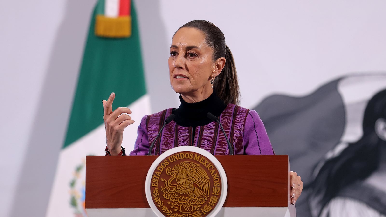 MEXICO CITY, MEXICO - FEBRUARY 20: President of Mexico Claudia Sheinbaum speaks during the daily morning briefing at the National Palace on February 20, 2025 in Mexico City, Mexico.
