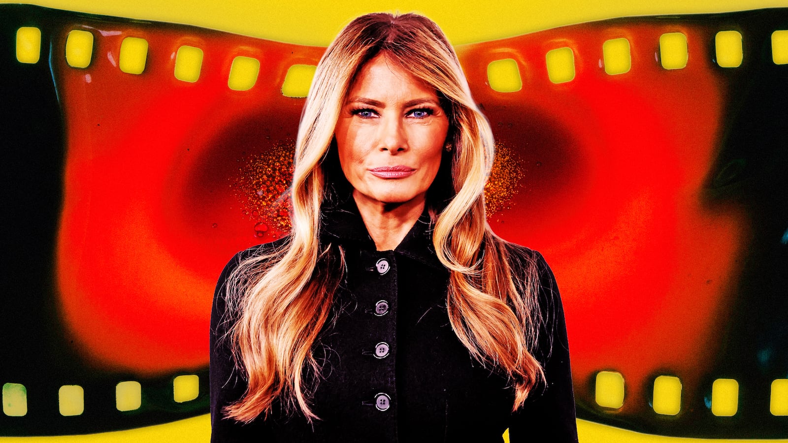 A photo illustration of Melania Trump and melting film strip in the background.