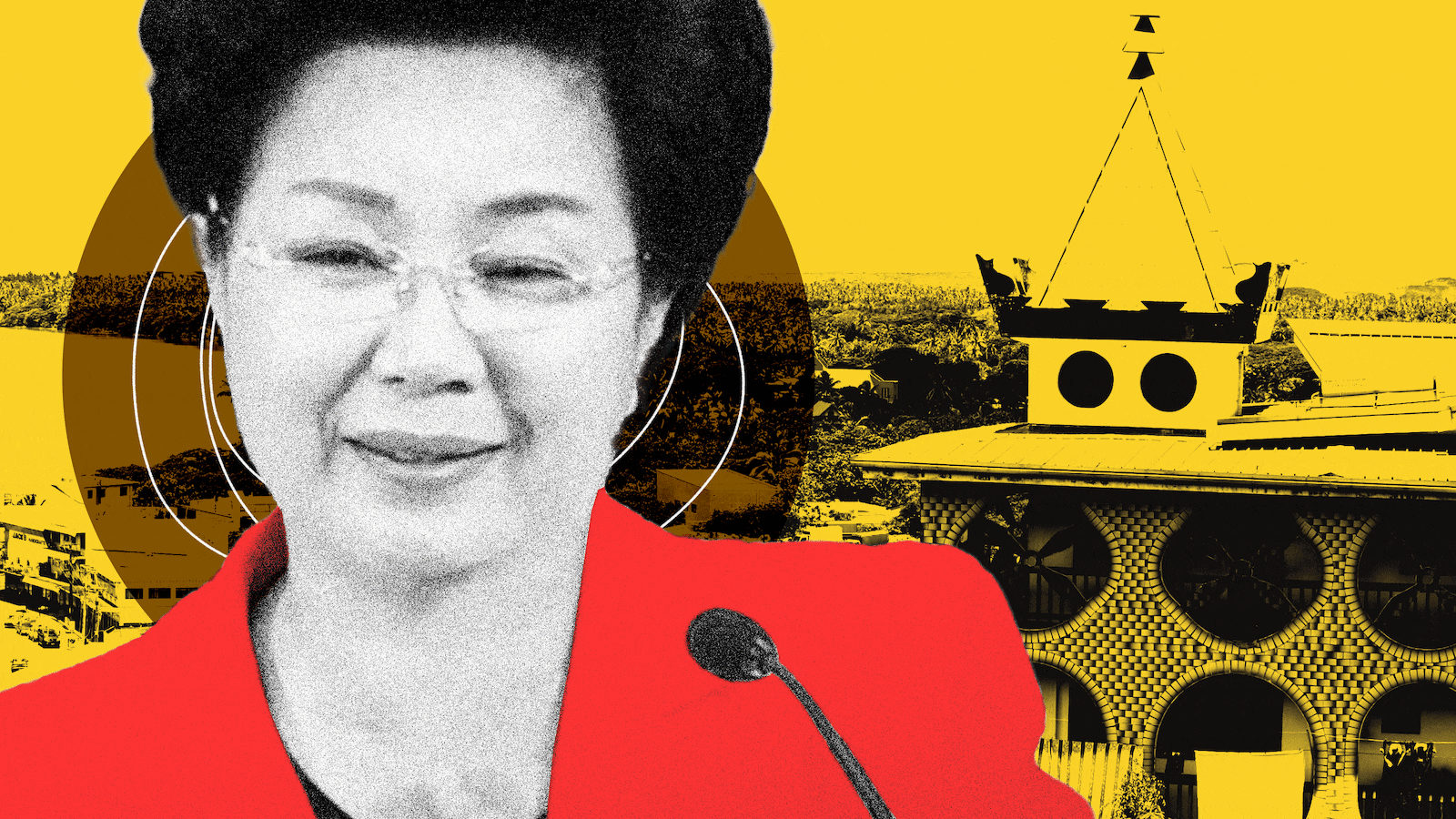 A photo illustration of Shin Ok-su in front of a Fiji landscape