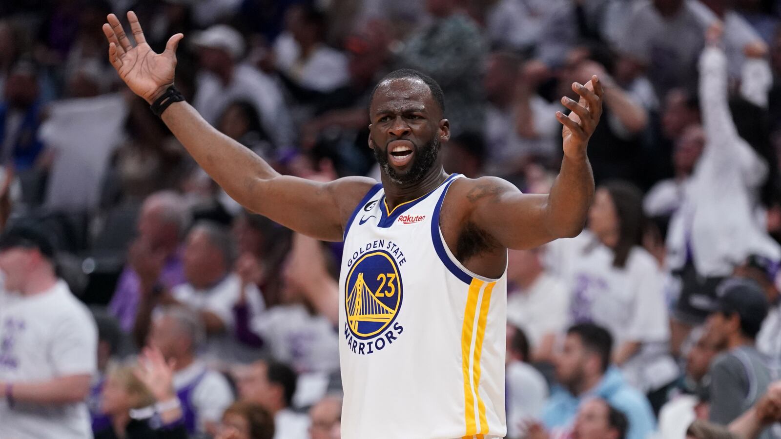 Golden State Warriors forward Draymond Green (23) playing against the Sacramento Kings in the third quarter during game one of the 2023 NBA playoffs at the Golden 1 Center.