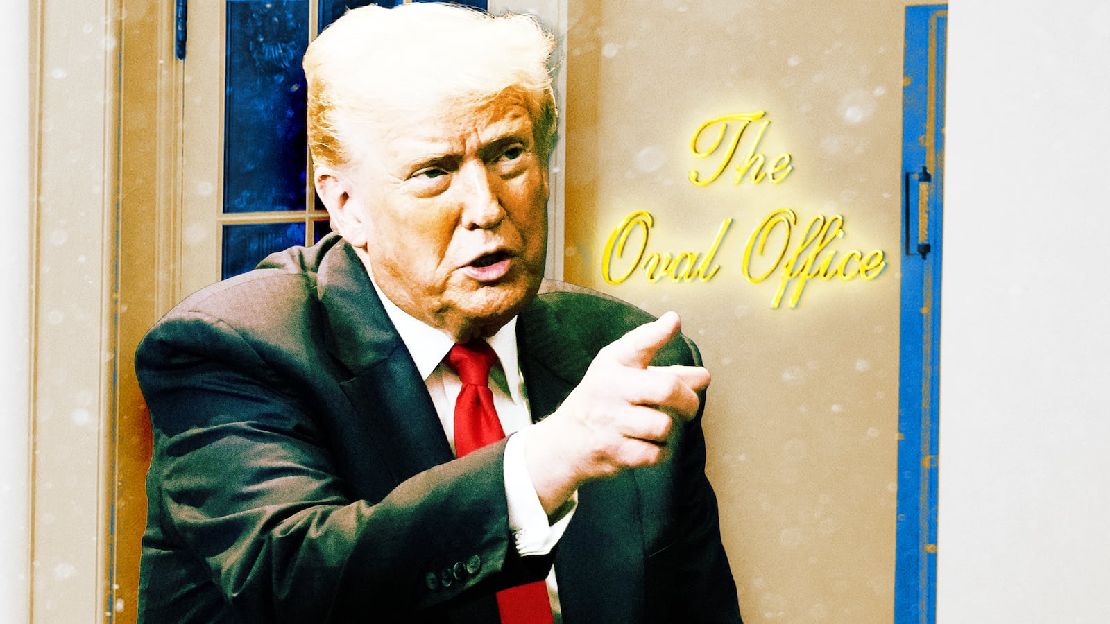 Donald Trump and the new Oval Office sign at the White House.