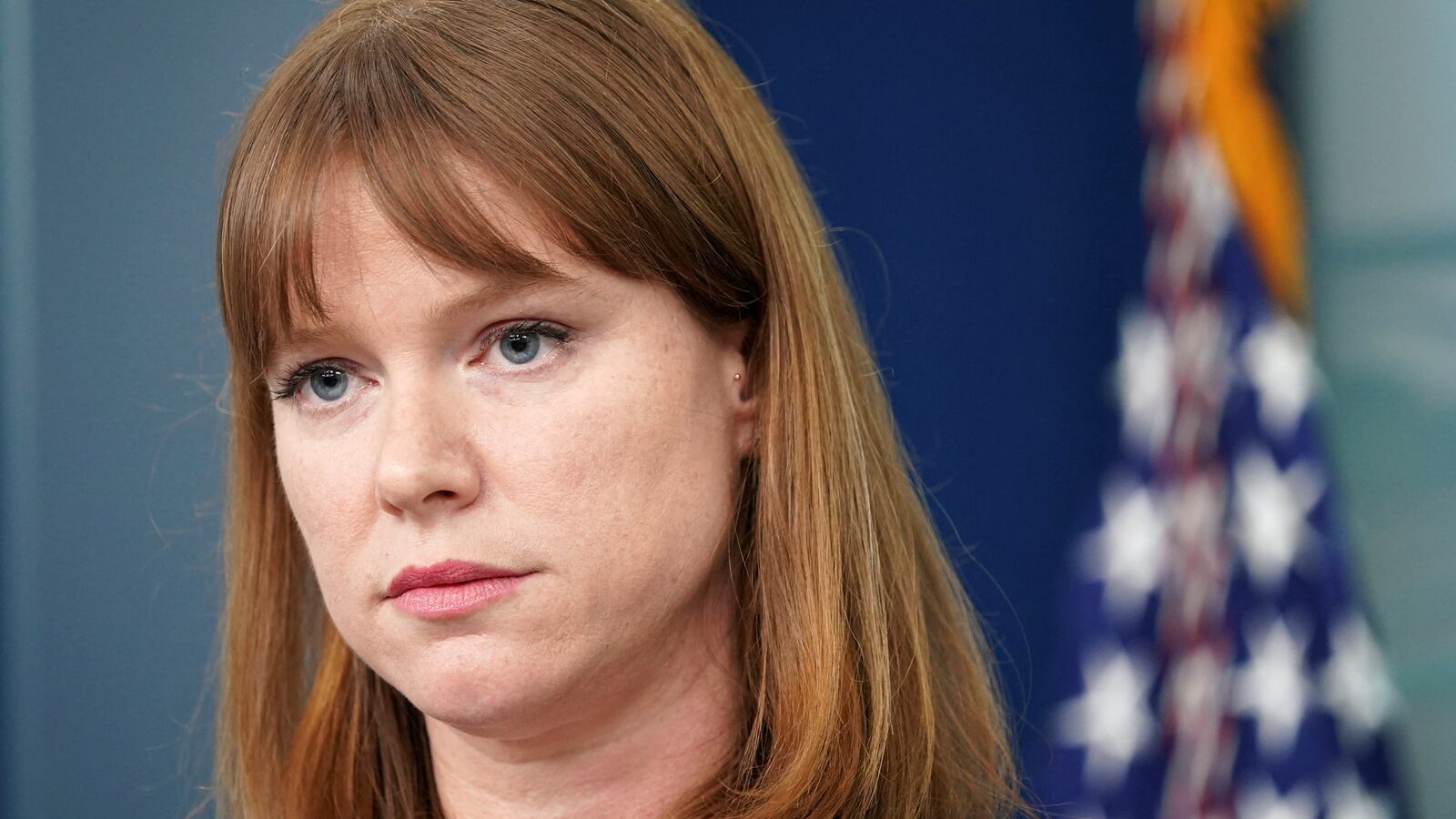 White House communications director Kate Bedingfield listens to a question while holding a press briefing at the White House in Washington, U.S., March 31, 2022.