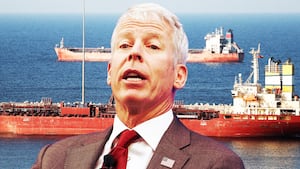 A photo composite of U.S. Energy Secretary Chris Wright and tankers anchored in Muscat, as Iran vows to close the Strait of Hormuz.