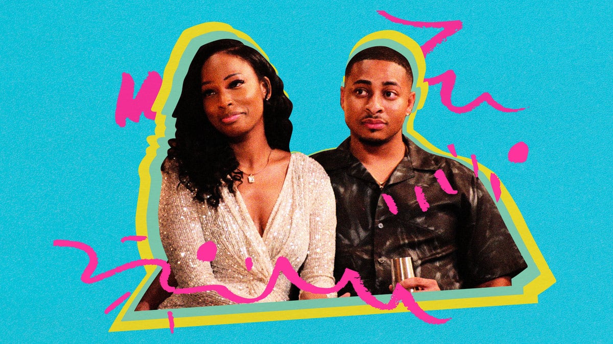 A photo illustration showing Brian and Lisa of The Ultimatum smiling in front of a brightly colored background.