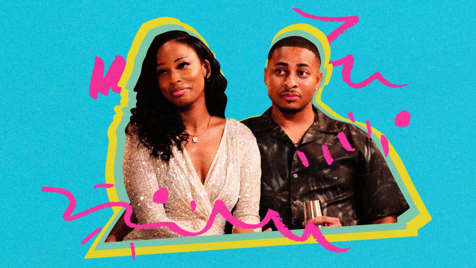 A photo illustration showing Brian and Lisa of The Ultimatum smiling in front of a brightly colored background.