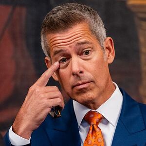 U.S. Secretary of Transportation Sean Duffy gestures during a press conference on air traffic controller pay and the government shutdown at the U.S. Capitol on October 23, 2025 in Washington, DC.