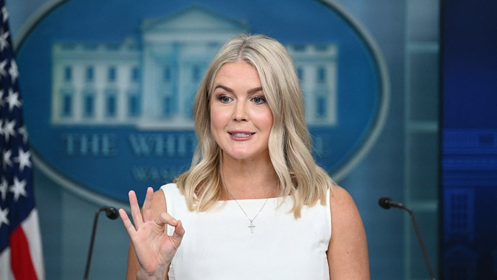 White House Press Secretary Karoline Leavitt speaks during the daily briefing in the Brady Briefing Room of the White House in Washington, DC, on August 19, 2025.