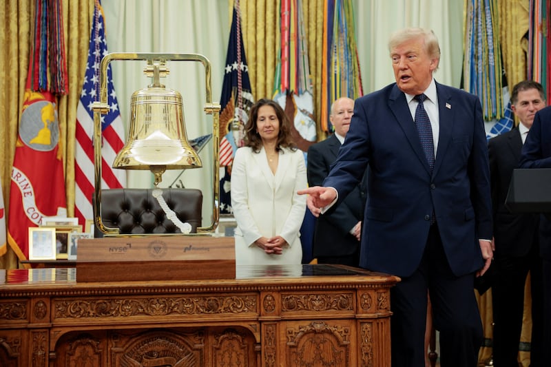 U.S. President Donald Trump gestures before ringing the opening bell for the New York Stock Exchange (NYSE) and Nasdaq during an event to mark the launch of "Trump Accounts" in the Oval Office at the White House in Washington, D.C., U.S., July 6, 2026. REUTERS/Evan Vucci