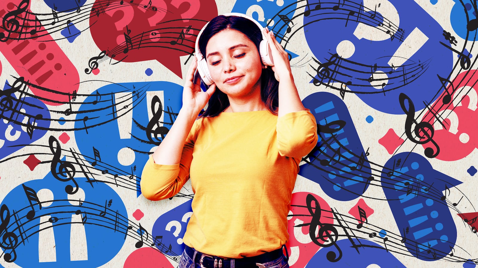 A photo illustration of a woman listening to music and stressful messages.